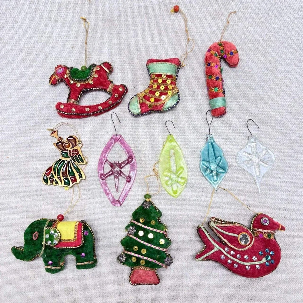Vintage Mixed Christmas Ornaments Set 11 Velvet Sequin Resin Metal Angel Boho